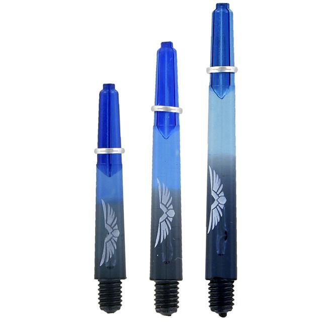 Three blue translucent dart shafts in varying lengths on white background, featuring deep cuts, wing engravings, and silver rings