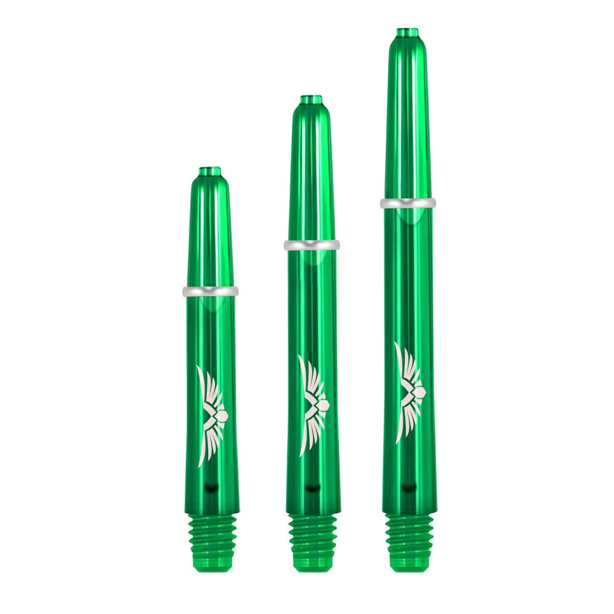 Three green polycarbonate dart shafts in small, medium, and large sizes, featuring eagle wing design, isolated on white background