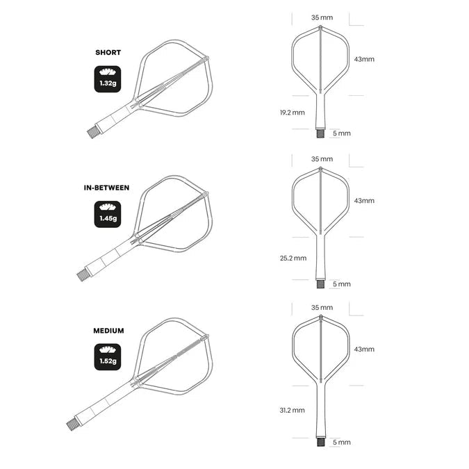 Diagram comparing dart flight and shaft sizes short, in-between, medium, with dimensions and weights for precision dart setup.