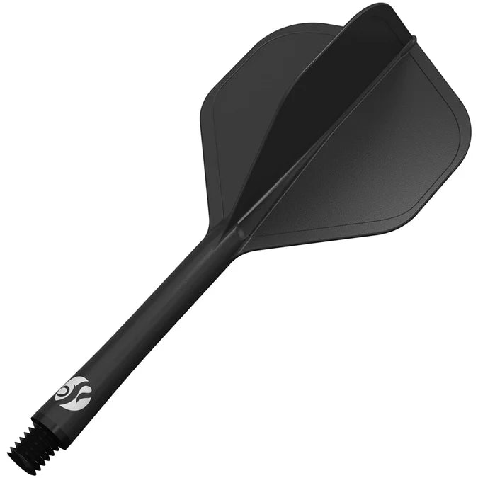 Black dart flight and shaft combo No.2 shape, angled view on white background, showing integrated design for dart players