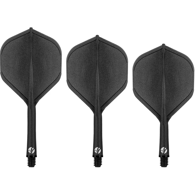 Three black No.2 dart flights with shafts displayed side by side on white background, showing full shape and threaded attachment