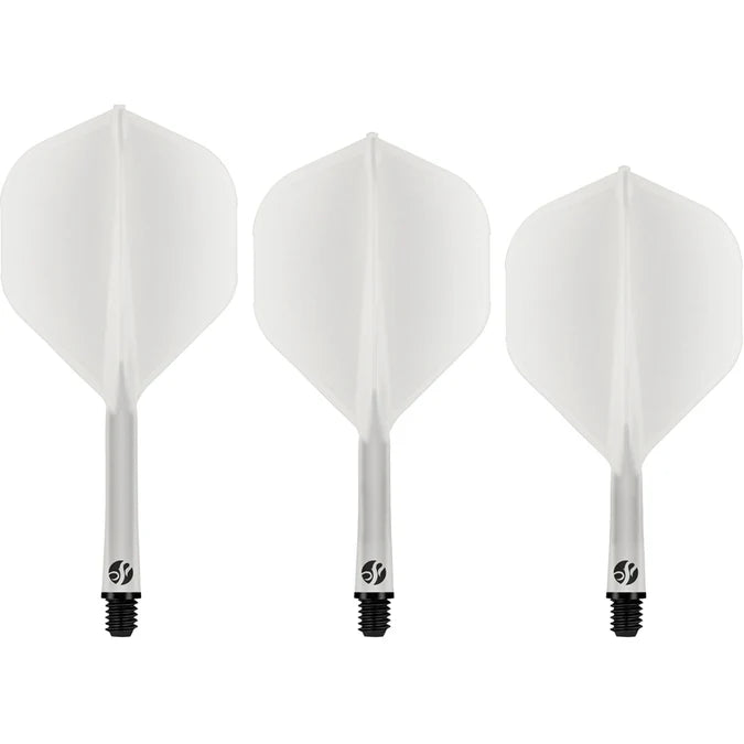 Three white No.2 shape dart flights with shafts, full view, isolated on white background for dart setup