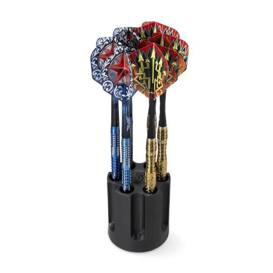 Dart holder with six assembled darts upright, featuring intricate flights and textured barrels, full product view on white background