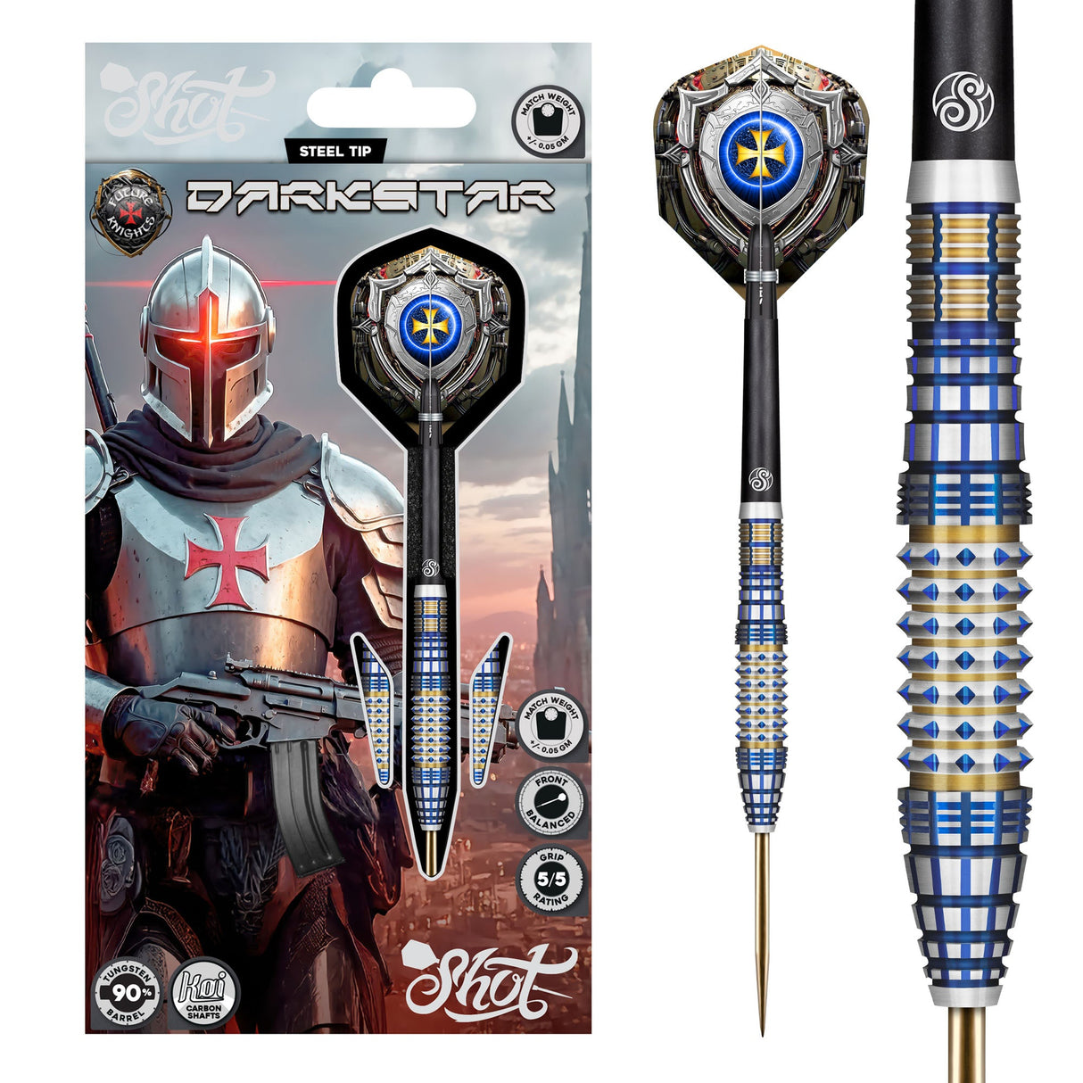 Full view of 90% tungsten steel tip dart in retail packaging plus close-up of blue knurled grip barrel and knight-themed flight design
