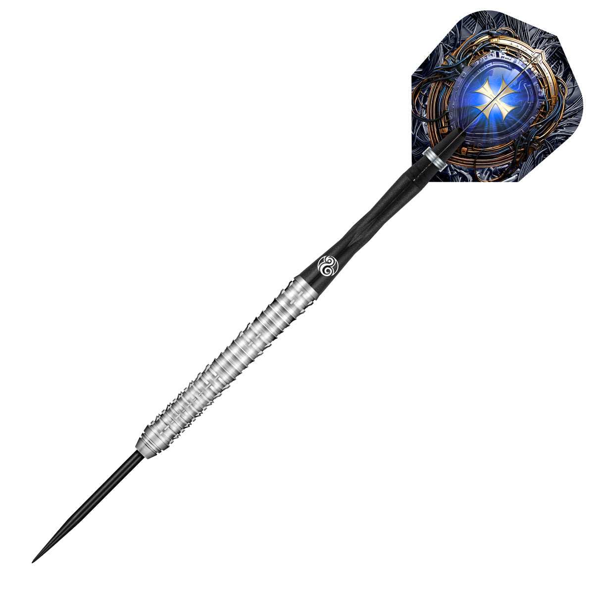 Full view tungsten dart with precision grip barrel, black shaft, and blue metallic flight, isolated on white background