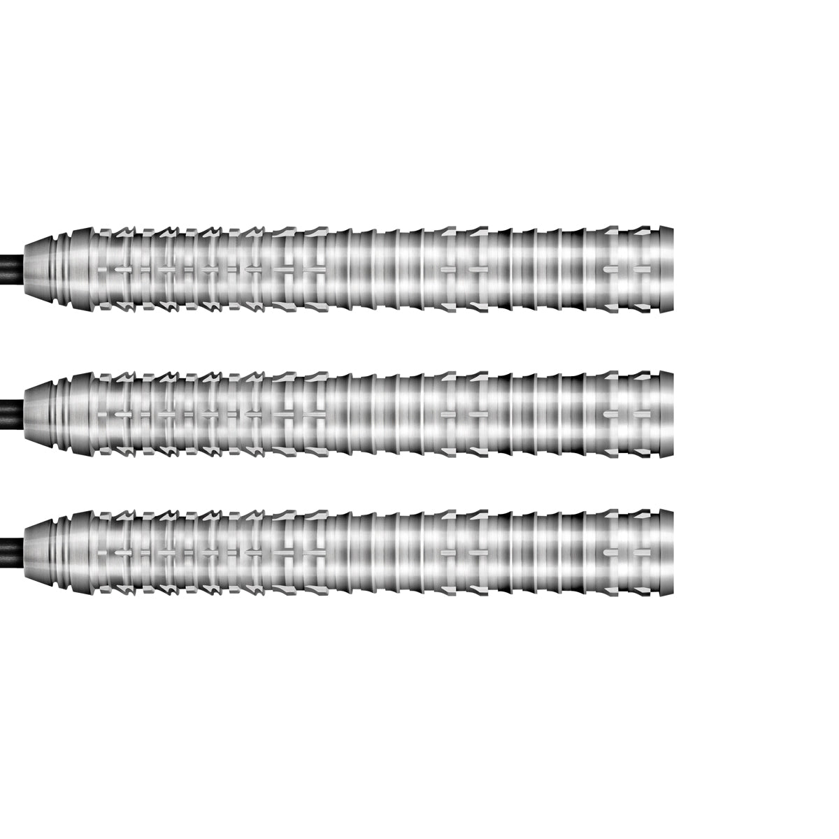 Three tungsten dart barrels side-by-side on white background highlighting detailed grip texture and precision machining