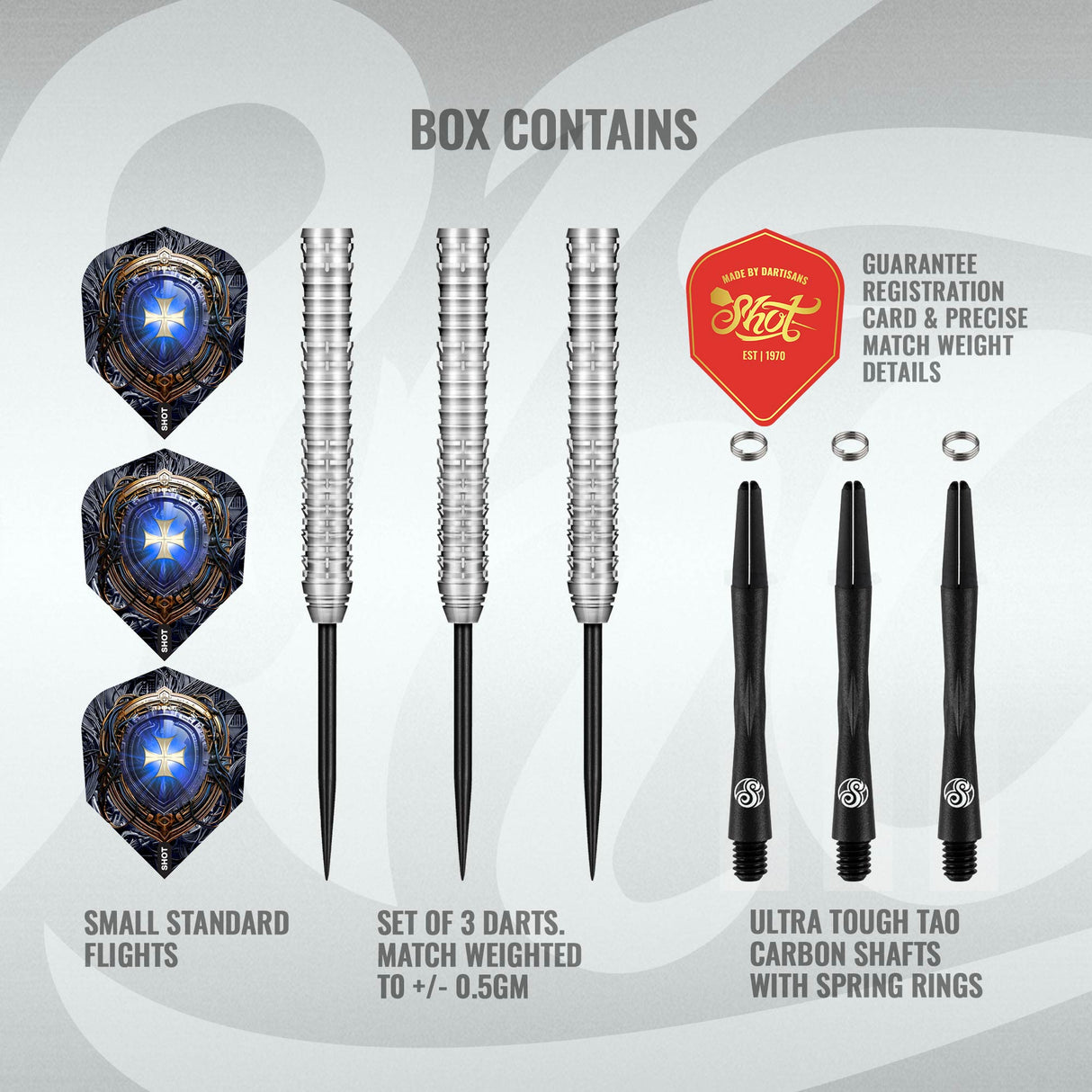 Complete set of 90 percent tungsten darts displayed with detailed barrels, blue star flights, black carbon shafts, and spring rings on white background