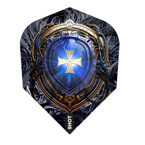 dart flight full view on white background featuring futuristic knight shield design with gold cross, intricate metallic and blue graphic details