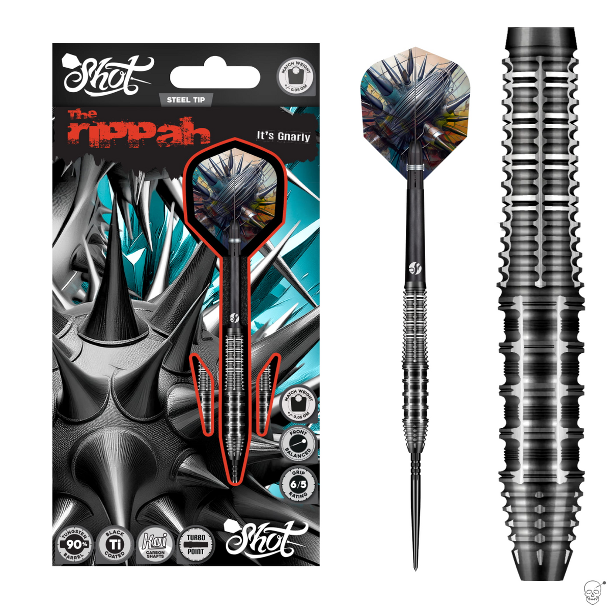 Shot Gnarly Rippah Turbo Point 90% tungsten darts – packaging, full dart and barrel close-up