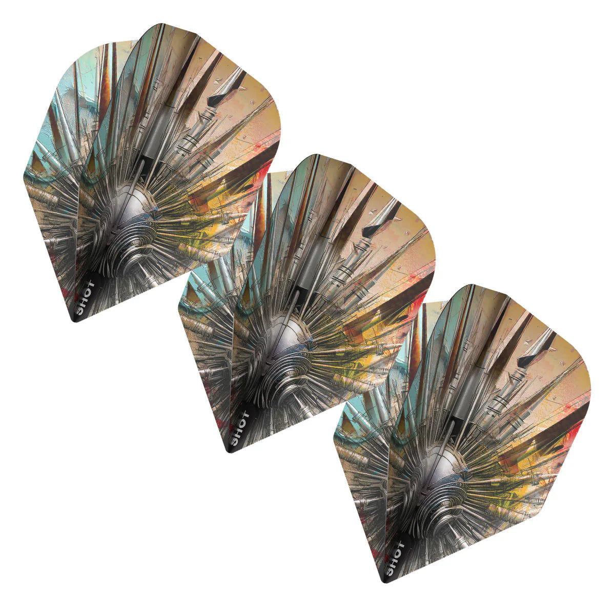 Three Gnarly Shredda standard dart flights displayed on white background showing intricate metal-inspired artwork and sharp edges.