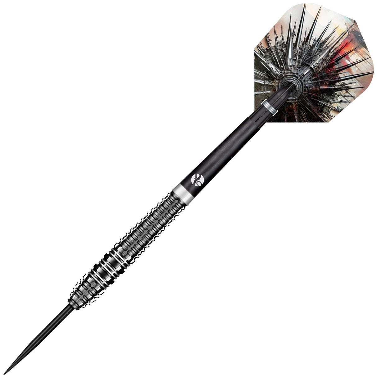 Angled full view tungsten dart showing deep knurled grip barrel and spiked graphic flight, isolated on white background