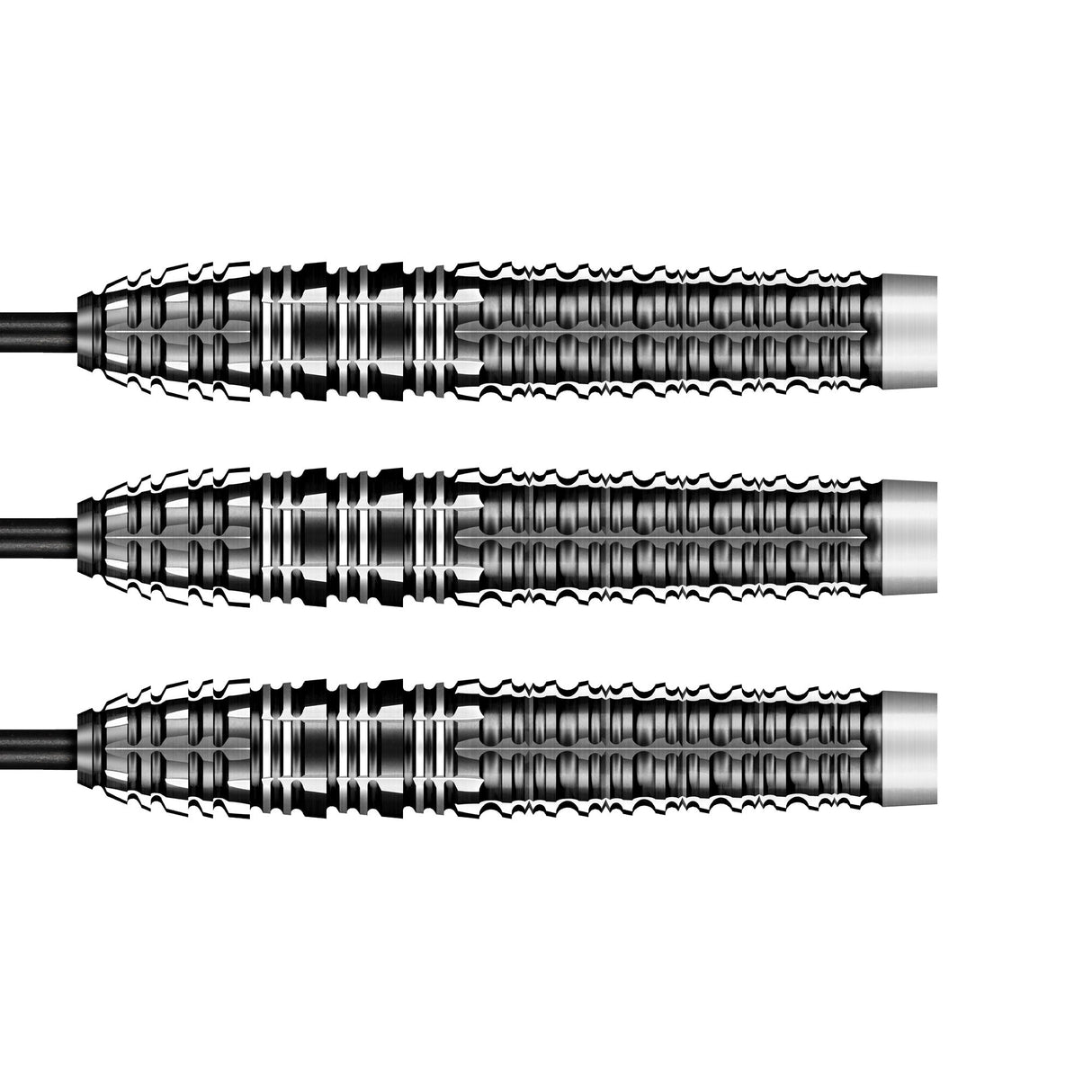 Three 90% tungsten dart barrels in full side view, isolated on white, showcasing aggressive grip texture and precision-cut grooves.
