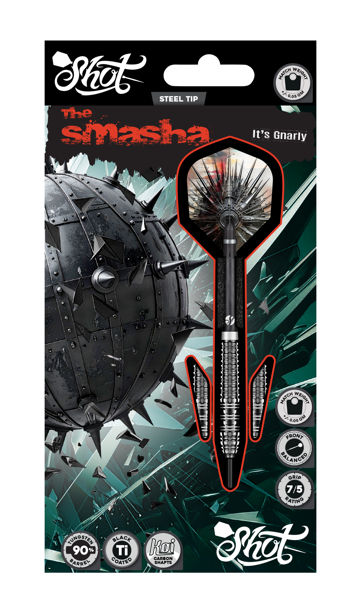 Steel tip tungsten darts in retail packaging, showing knurled grip, spiked flight design, and detailed barrel texture for dart players.