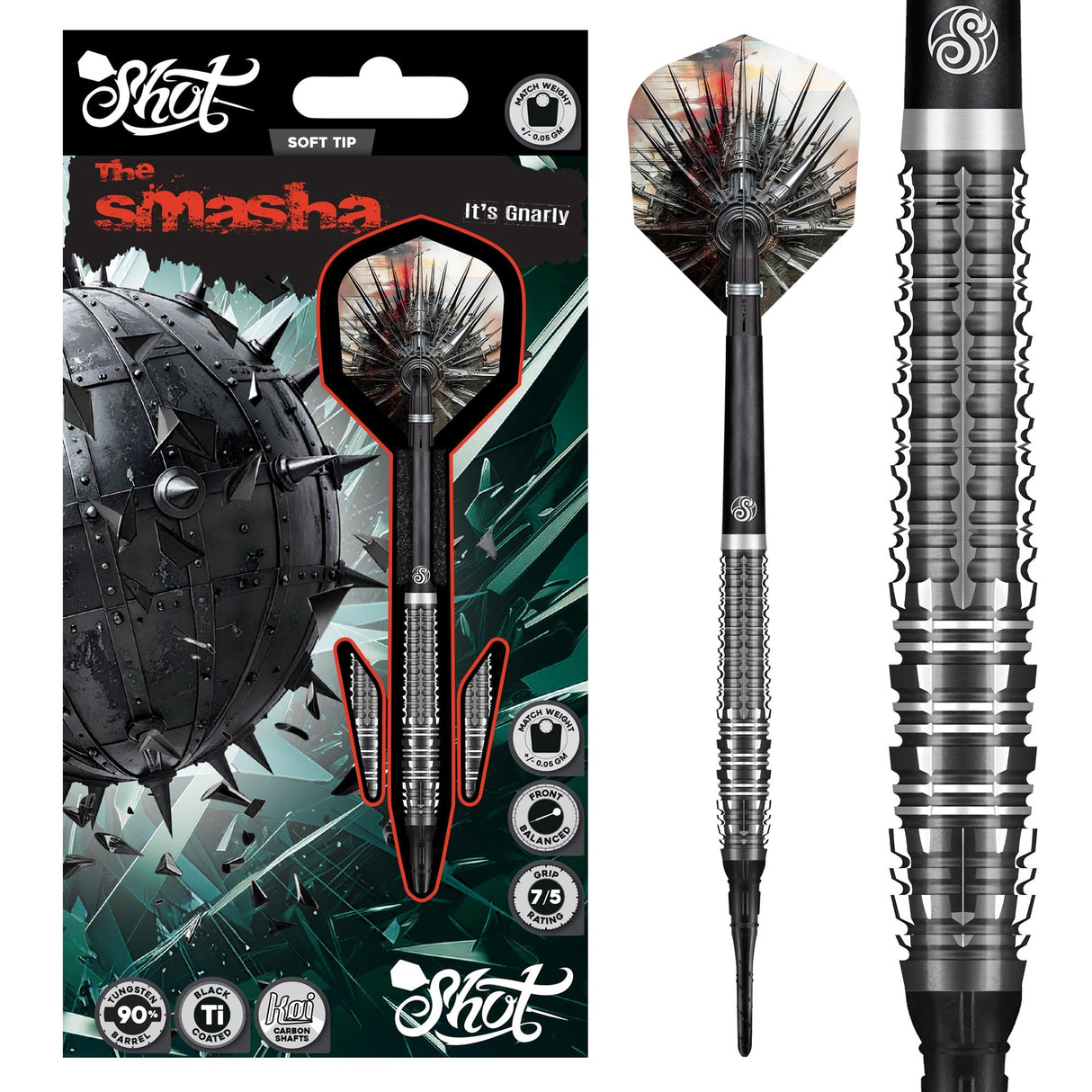 Soft tip tungsten dart in retail packaging with detailed close-up of aggressive ringed grip and spiked flights