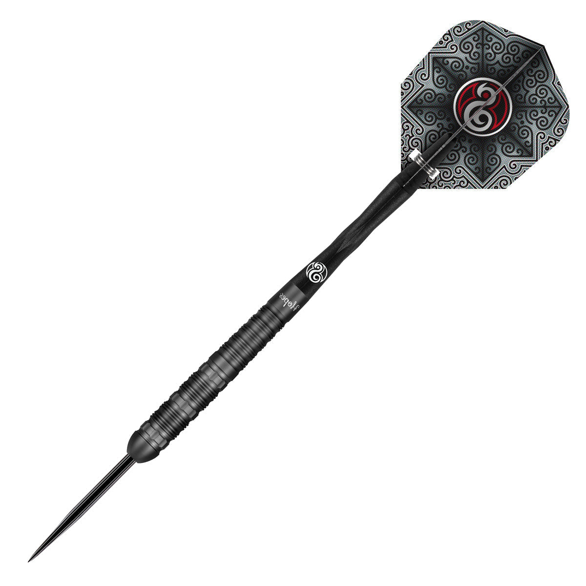 Torpedo-shaped tungsten dart with black grooved grip and detailed flight pattern, full product view on white background