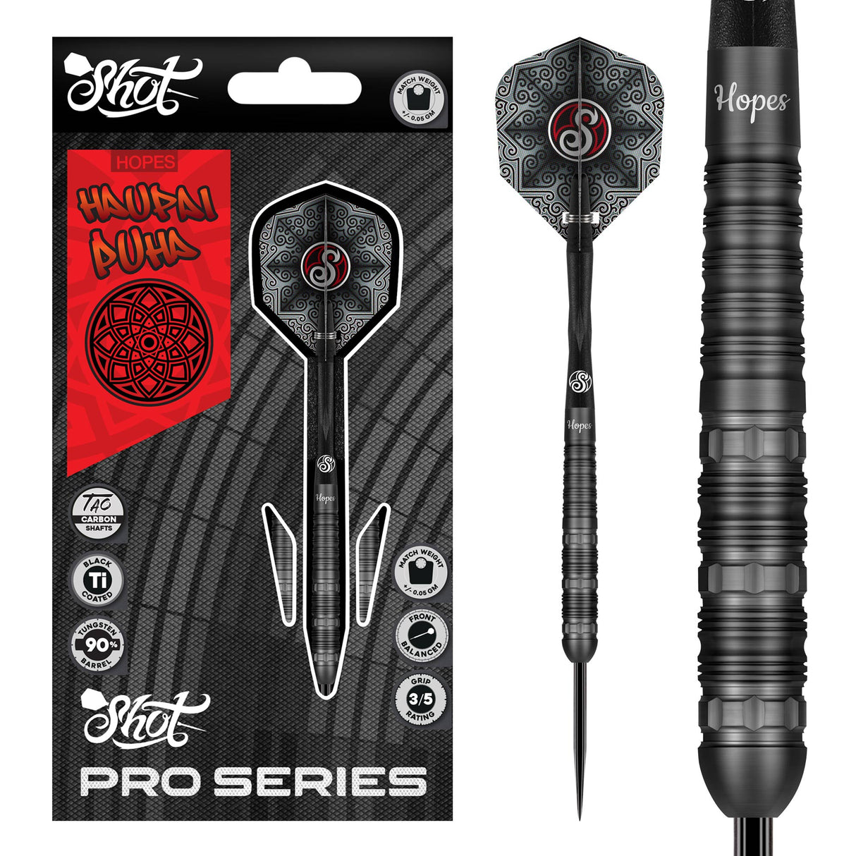 Haupai Puha 2.0 90% tungsten darts shown in packaging with detailed close-up of black barrel grip texture and geometric flight design