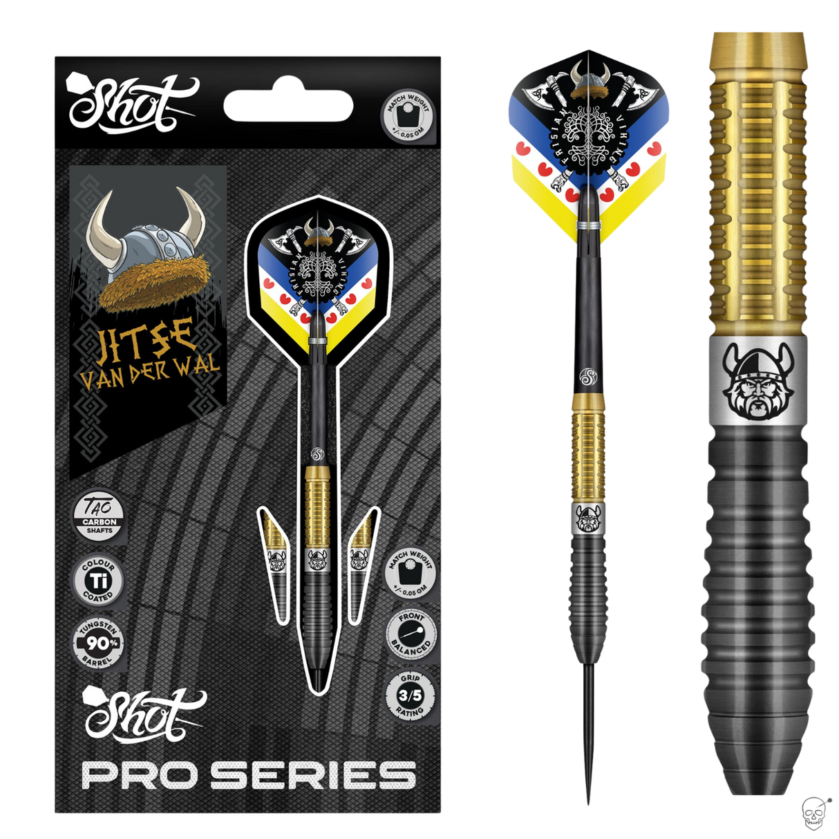 Pro Series 90% tungsten darts in retail packaging with close-up of gold and black barrel grip and Viking engraving, front display