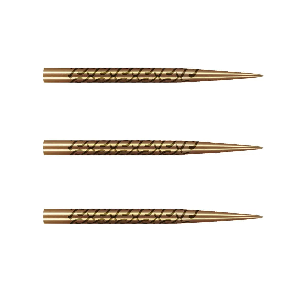 Three gold titanium dart points with precision grip engraving, isolated on white, steel tip darts accessories