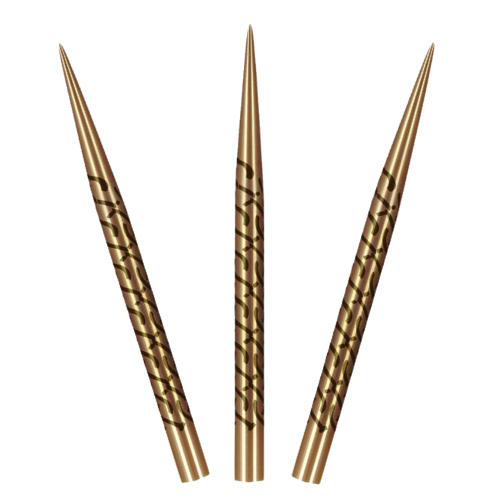Three gold titanium steel dart points with engraved pattern displayed upright on white background for dart accessories