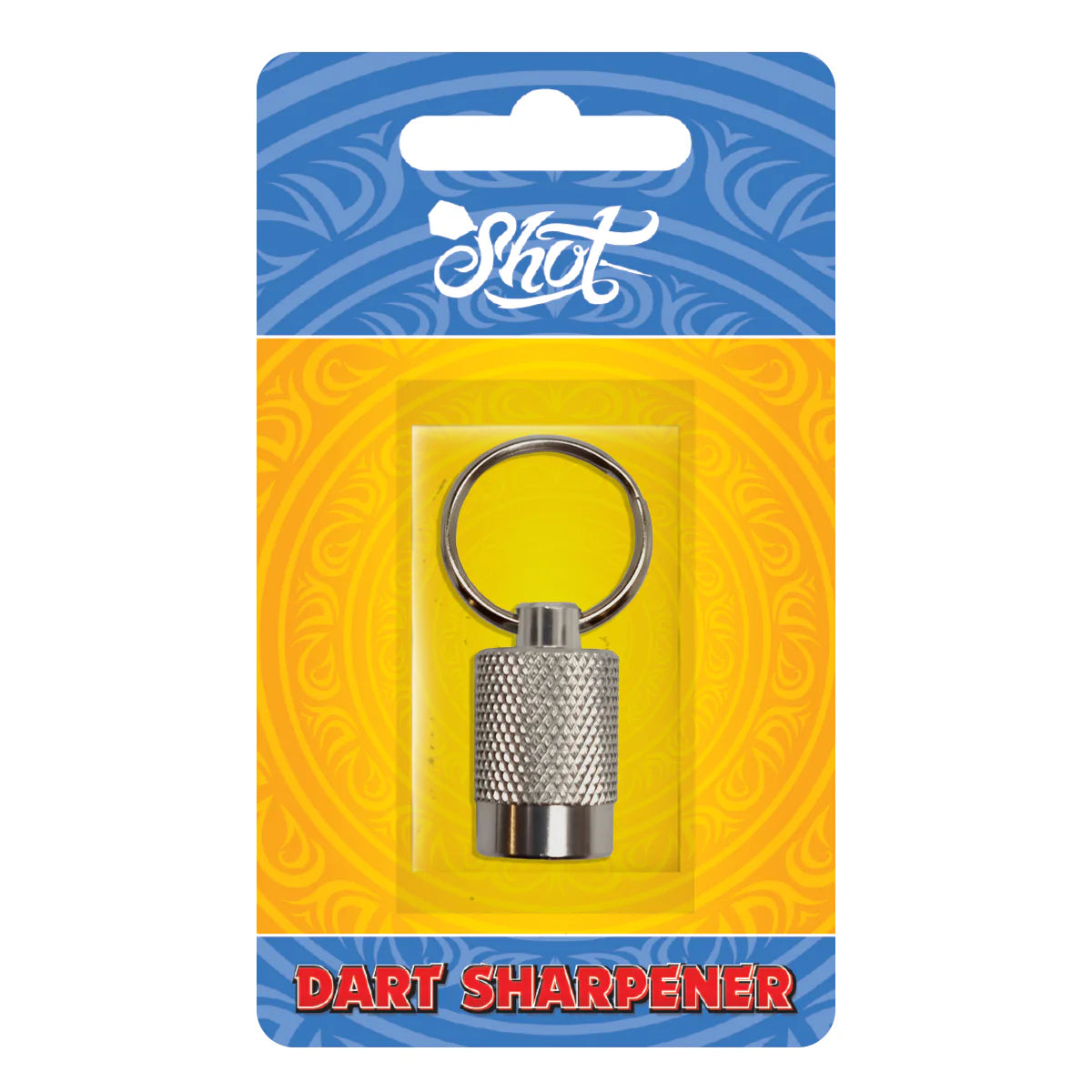 Keyring dart sharpener in retail packaging with textured grip and metal ring, full product view for dart equipment buyers