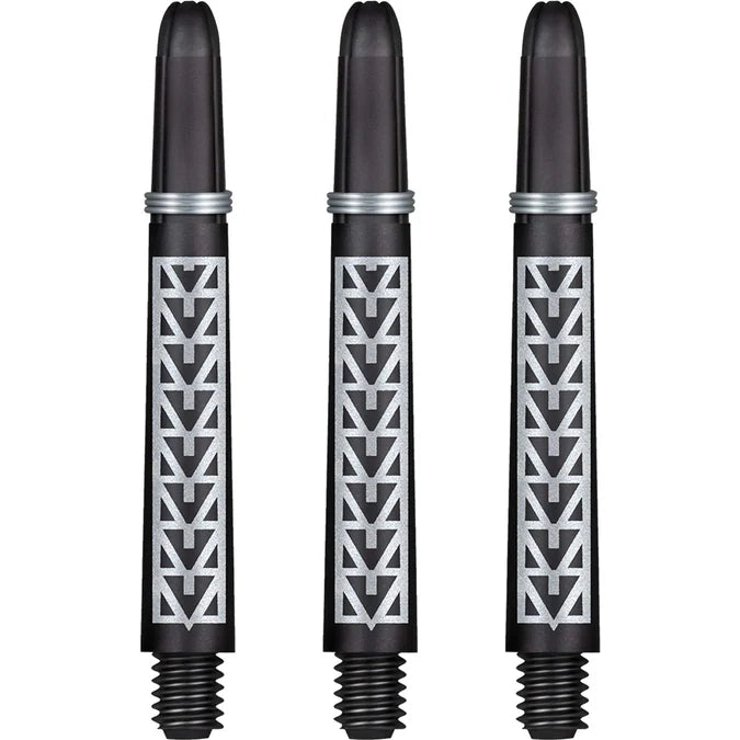Three black Koi carbon dart shafts with silver geometric pattern, full product view on white background