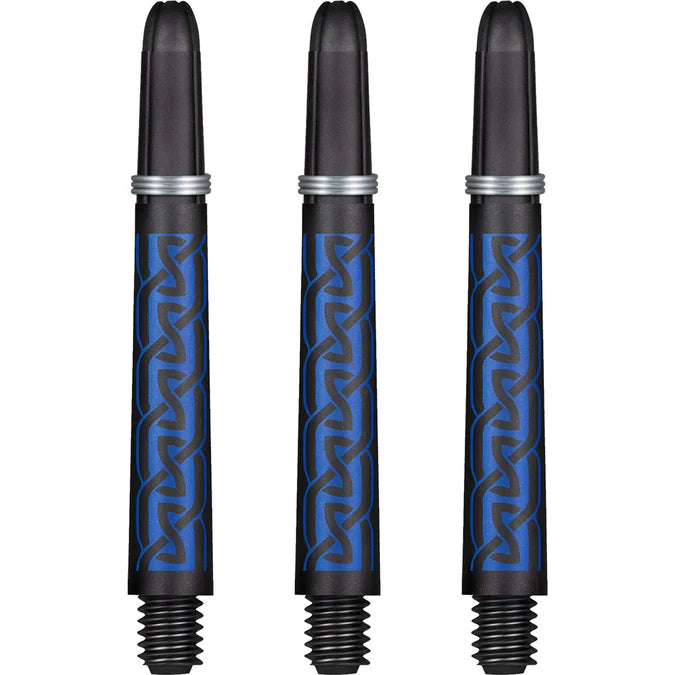 Three carbon dart shafts with blue patterned barrels, silver rings, and threaded tips, full product view on white background