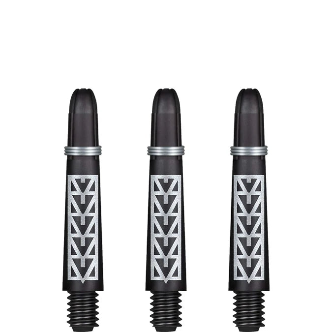 Three black carbon dart shafts with geometric pattern, threaded tips, and silver rings, full front view on white background