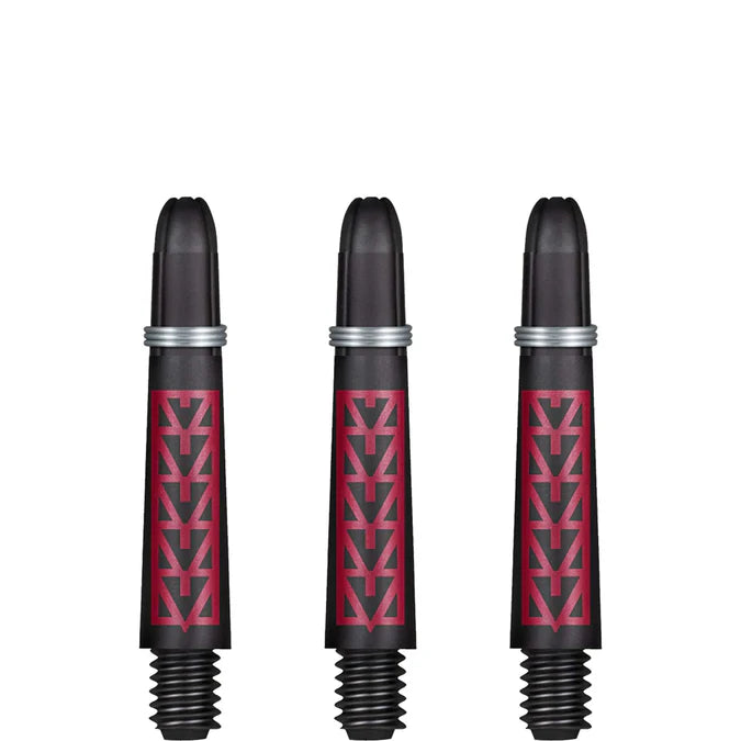 Three black Koi carbon pattern dart shafts aligned on white background, highlighting grip texture and silver rings for dart setup