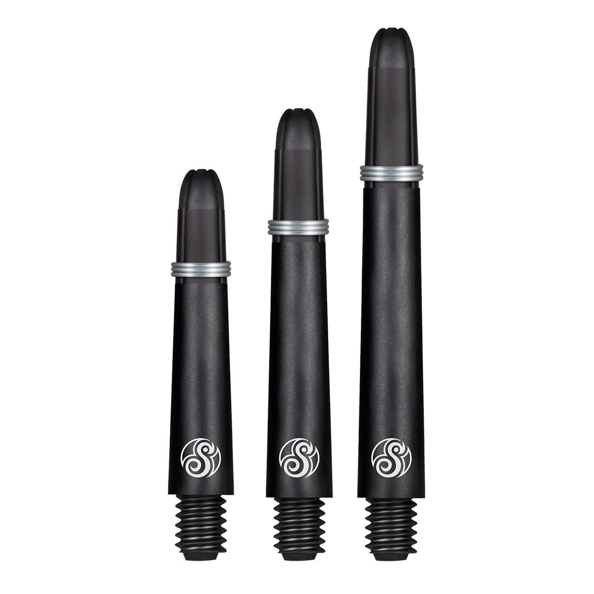 Three black carbon pattern dart shafts in small, medium, and large sizes with silver ring grips and threaded tips, isolated on white