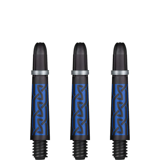 Three carbon pattern dart shafts with blue designs arranged upright on white background, showing detailed grip texture and threaded base