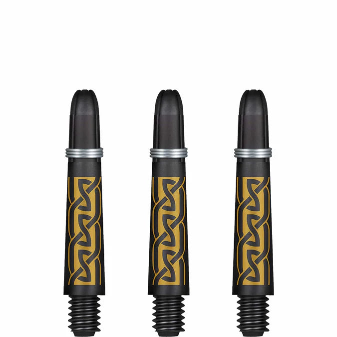 Three carbon pattern dart shafts with Koi gold design, full view, isolated on white background, showing threaded screw ends
