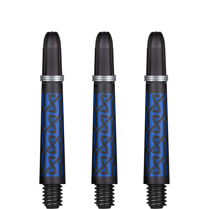 Set of three dart shafts with blue carbon pattern, full front view, isolated on white background, detailed shaft grip and screw-in base.