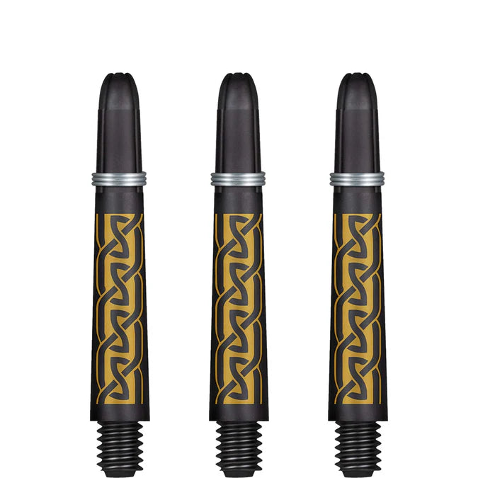 Three carbon pattern dart shafts with gold detailing, full product view on white background, highlighting screw threads and durability rings