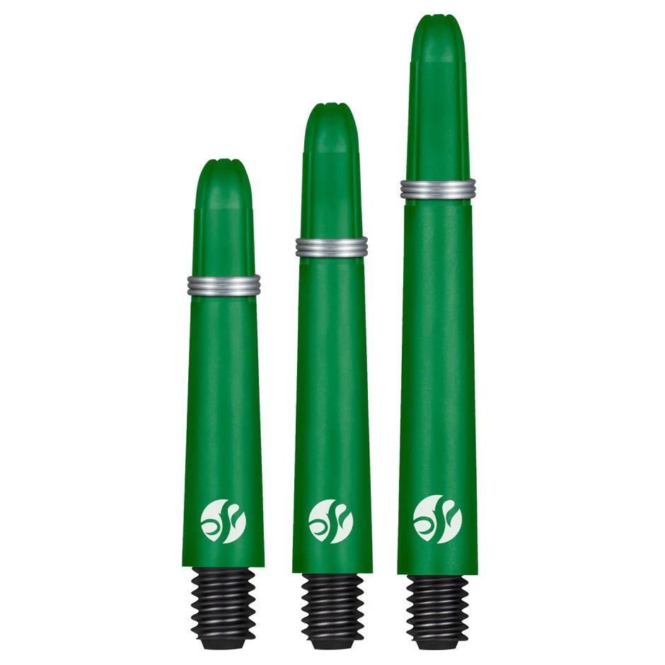 Three green carbon dart shafts in varying lengths with silver grip rings and threaded tips, displayed upright on white background