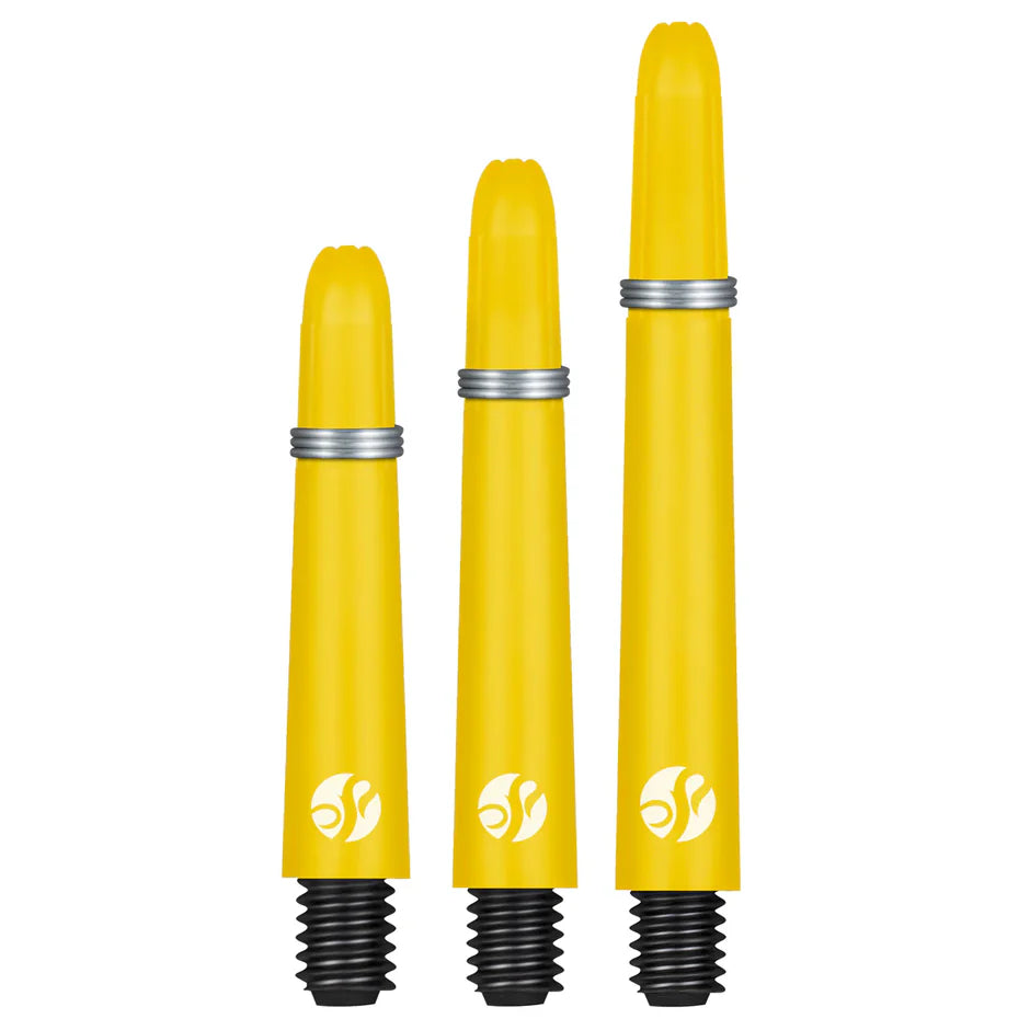 Three yellow carbon dart shafts in different lengths displayed upright on white background showing threaded bases and silver grip rings