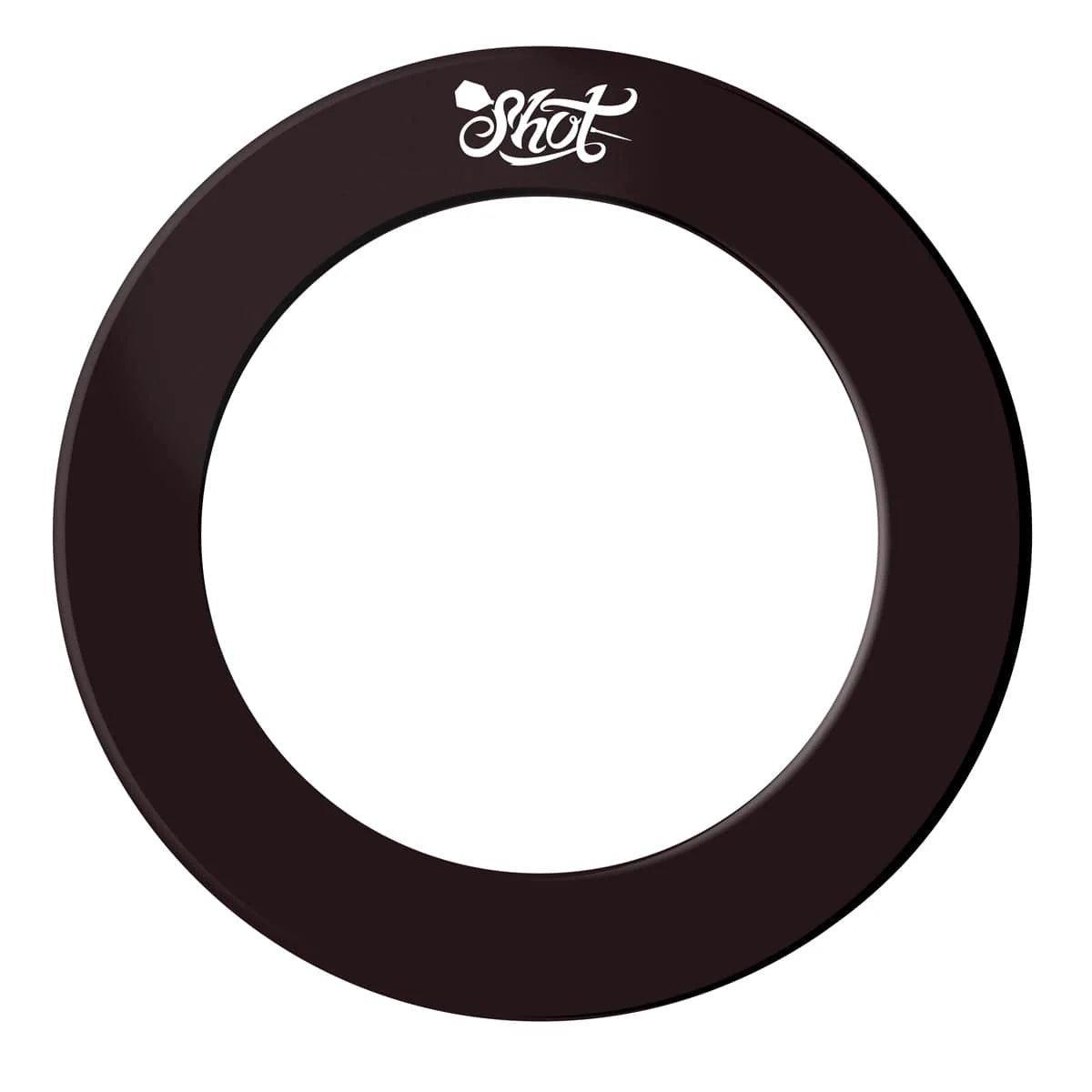 Black dartboard surround ring full view, top-down angle, logo at top, isolated on white background, wall protection for darts