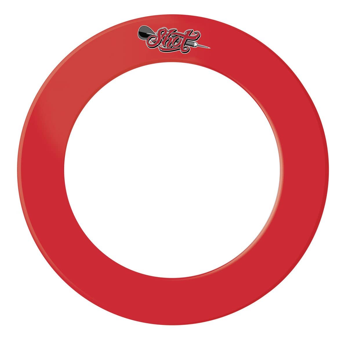 Red dartboard surround ring top-down view, isolated on white background, with bold logo for wall protection in darts setup