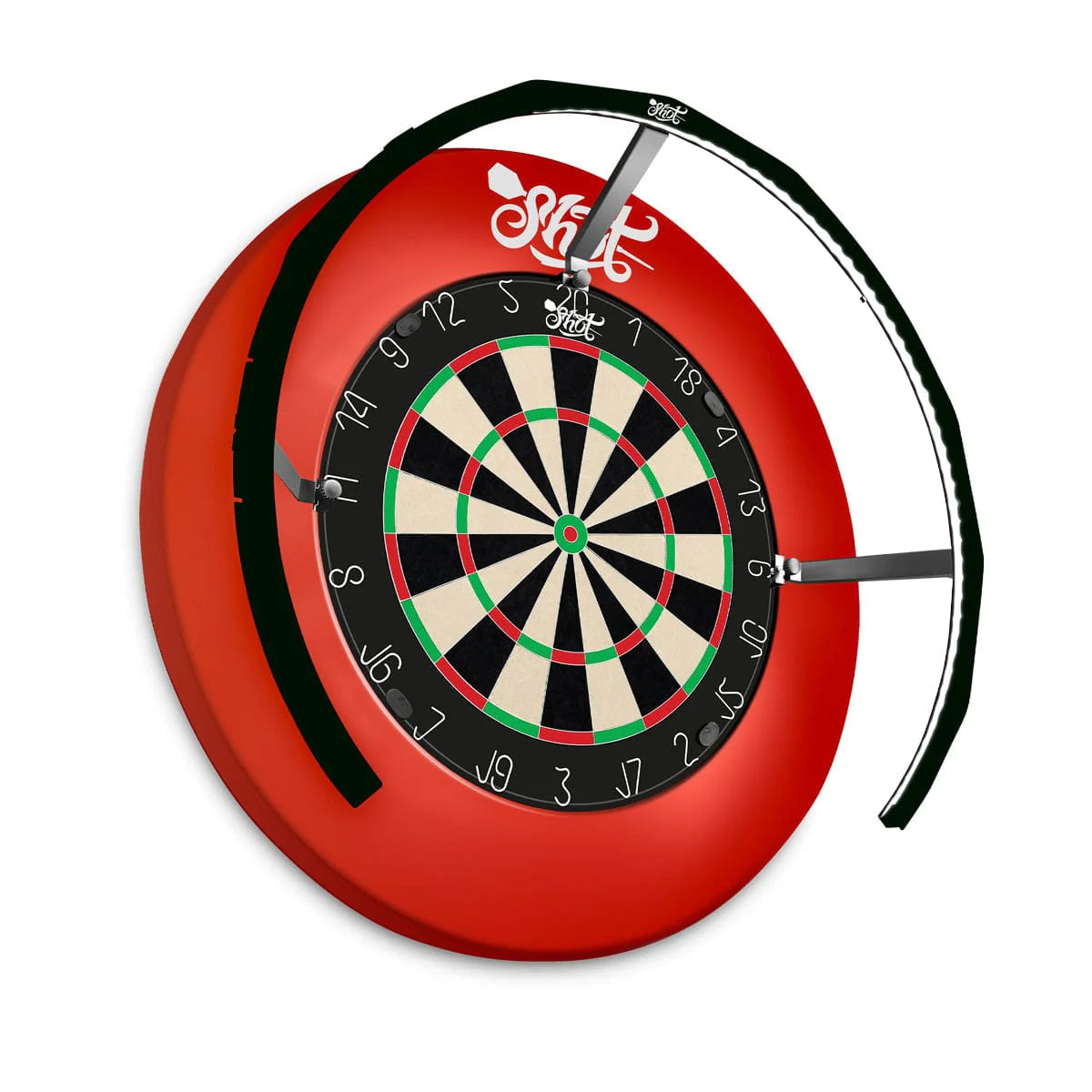 Dartboard with LED ring light partially installed, angled view showing 270-degree lighting coverage and frame mounts