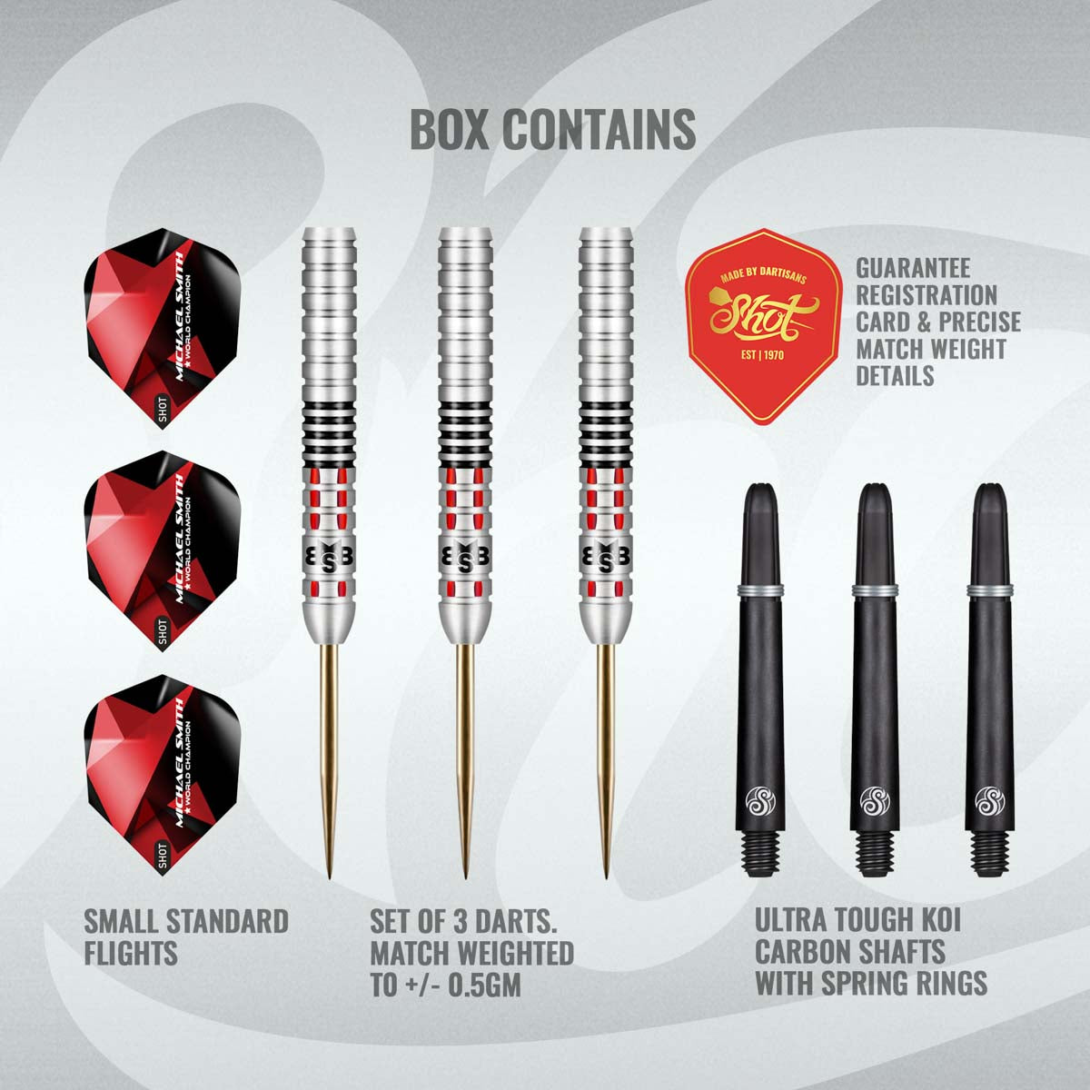 Full set display of Michael Smith Achieve 90% tungsten darts with precision barrels, black carbon shafts, standard flights, and registration card