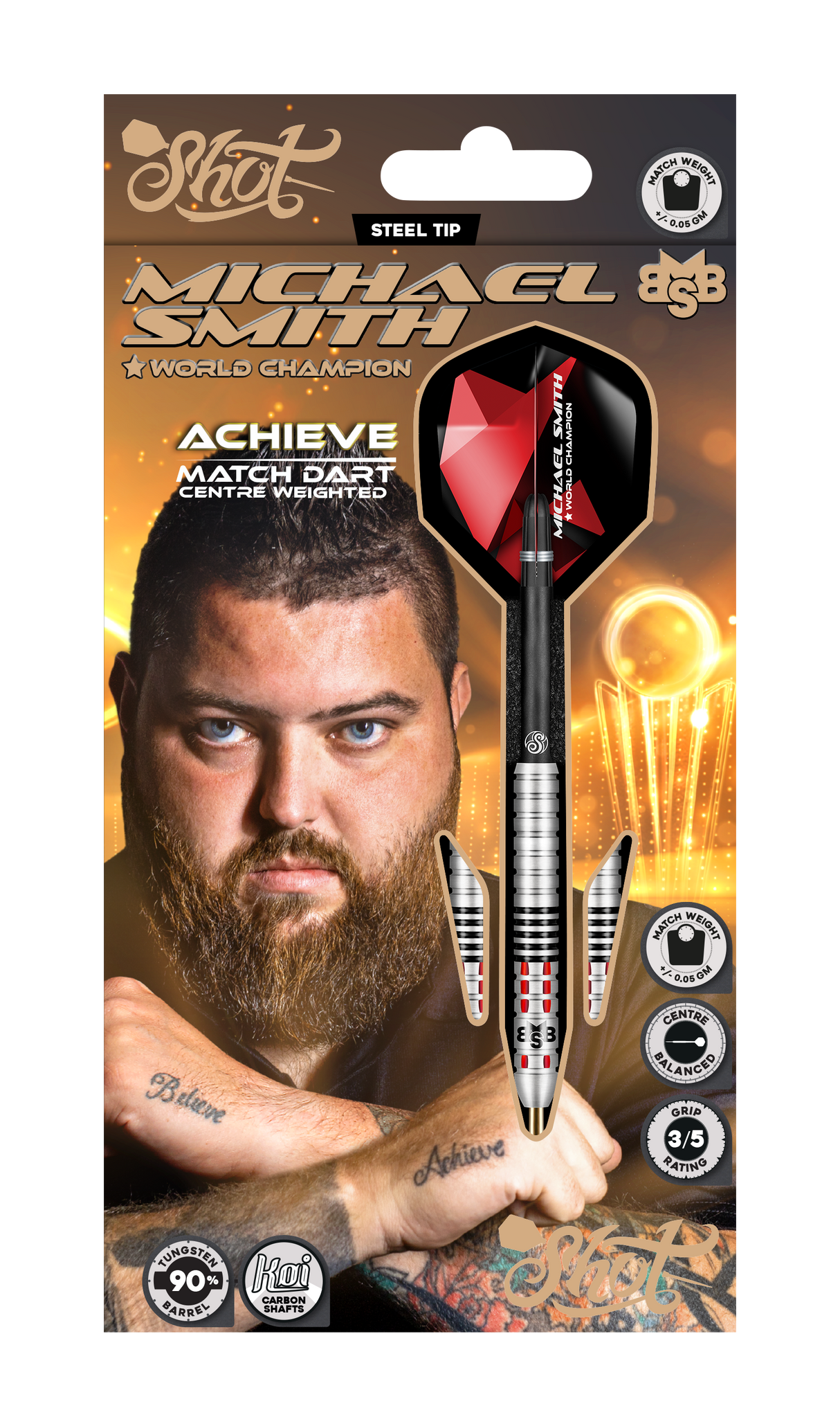 Steel tip tungsten dart in retail packaging with red-black flight, detailed grip barrel, product specs and features shown