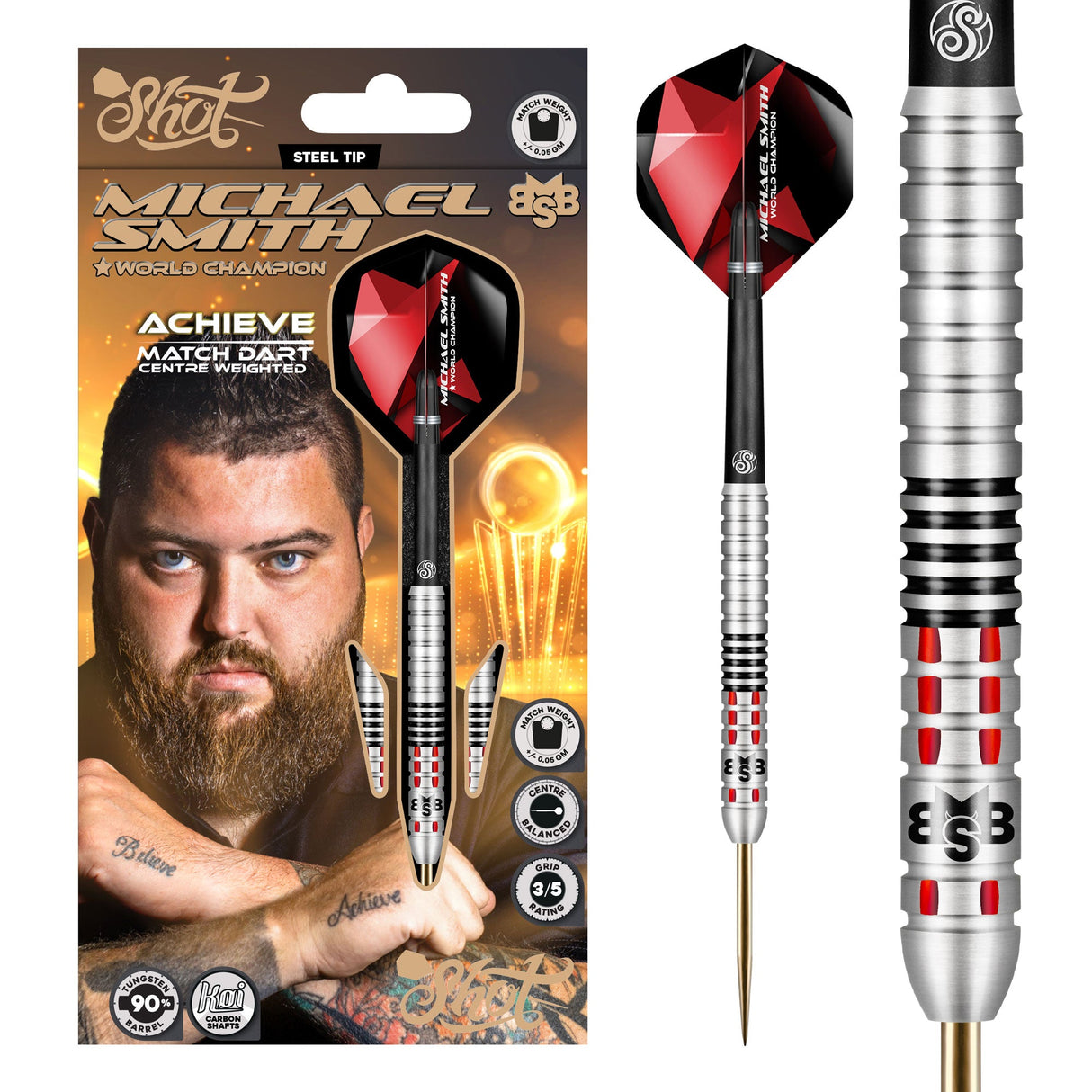 Steel tip tungsten darts set with red-black flights in retail packaging and close-up barrel grip and engraving detail