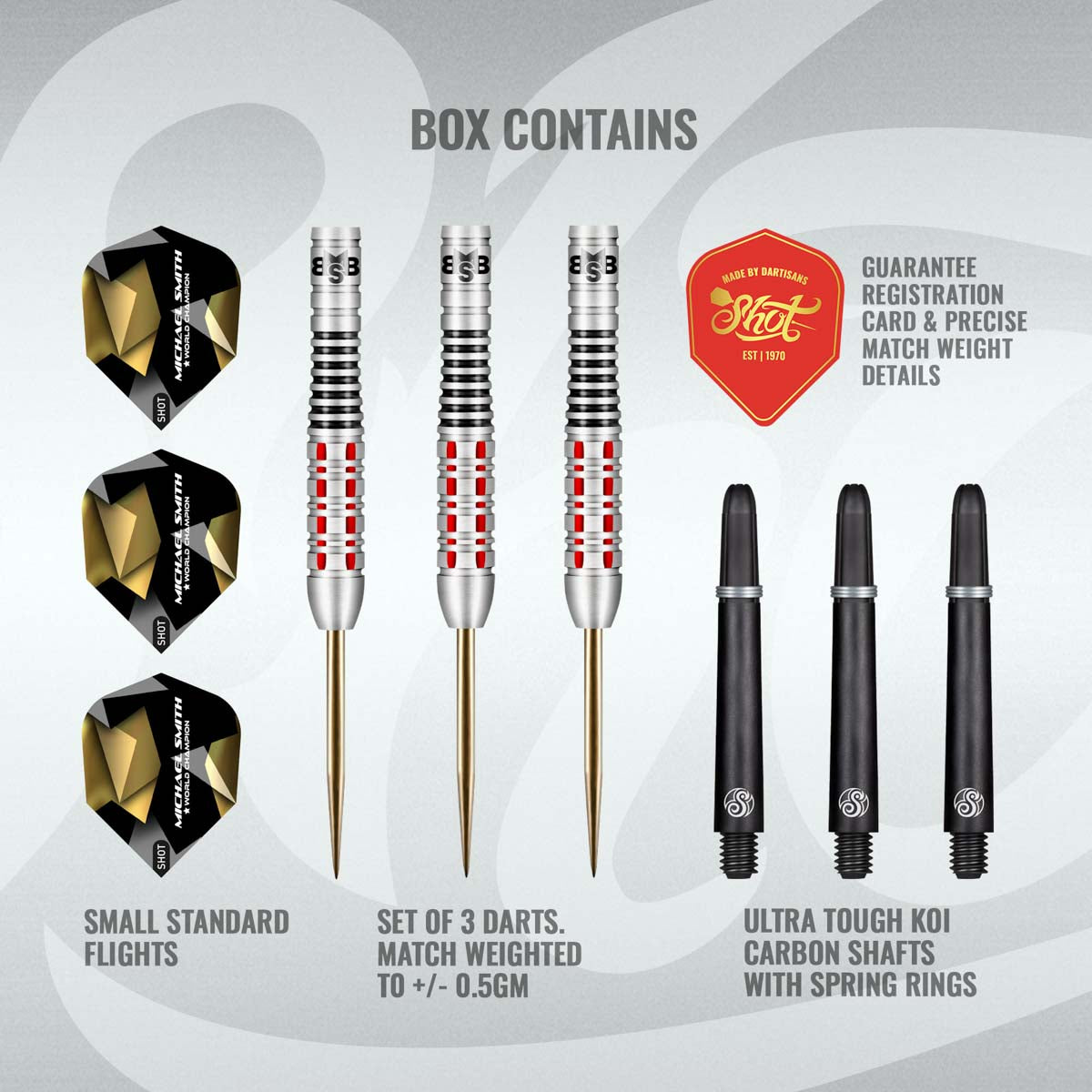 Complete Michael Smith Believe 90% tungsten darts set top-down view with barrels, carbon shafts, flights, and guarantee card on display