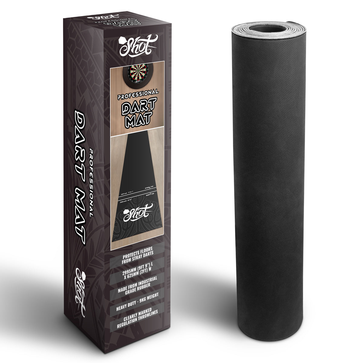 Rolled T shaped dart mat beside packaging box on white background, shows heavy duty rubber material and full mat length for dart setup