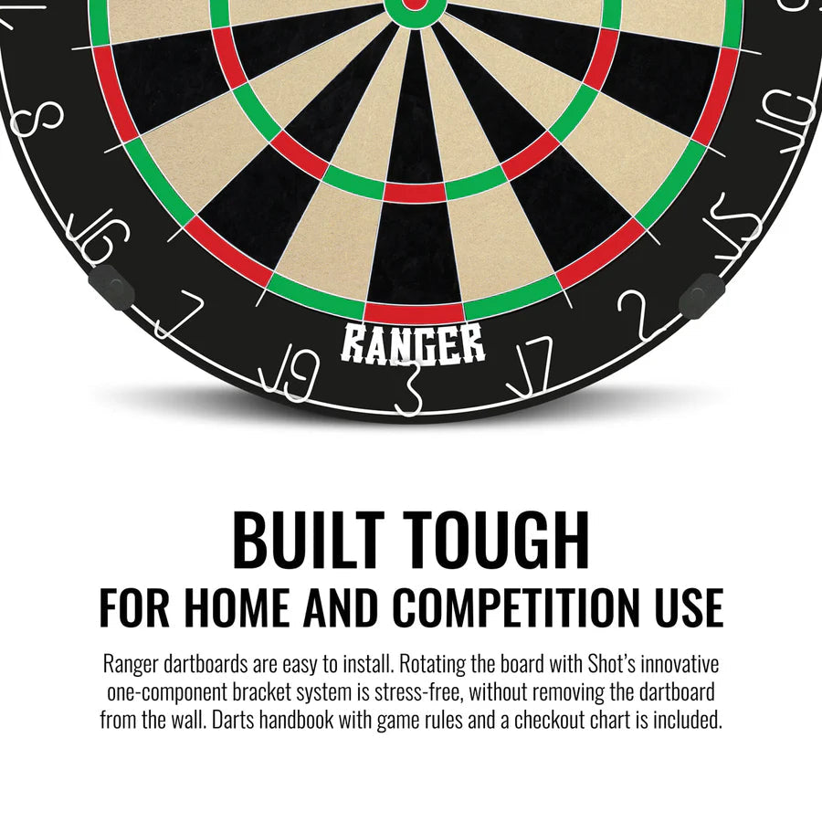 Close-up angled view of Ranger bristle dartboard edge with clear scoring zones and staple-free technology, ideal for home or competition darts