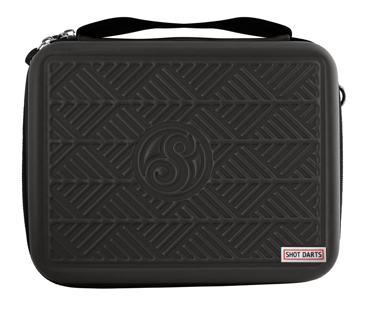 Black tactical darts case with geometric textured hard shell, top handle, and secure zip closure isolated on white background