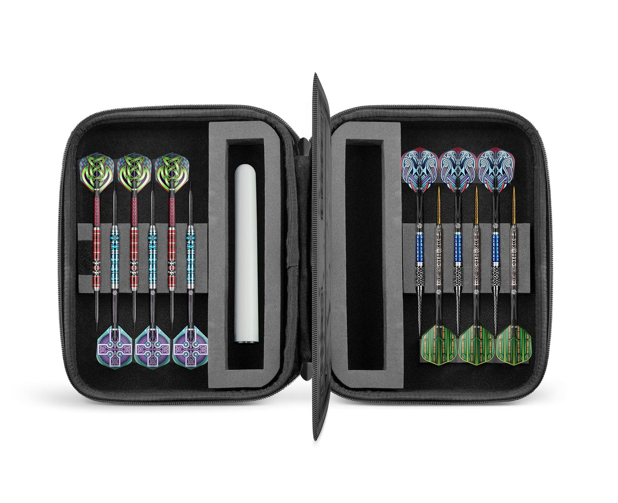 Top-down view of open darts case displaying 12 assembled darts in foam slots, showing flight designs and secure dart storage for players