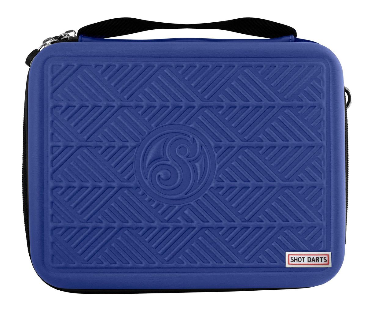 Full view blue tactical darts case with embossed geometric pattern, zip closure and handle, isolated on white for dart storage