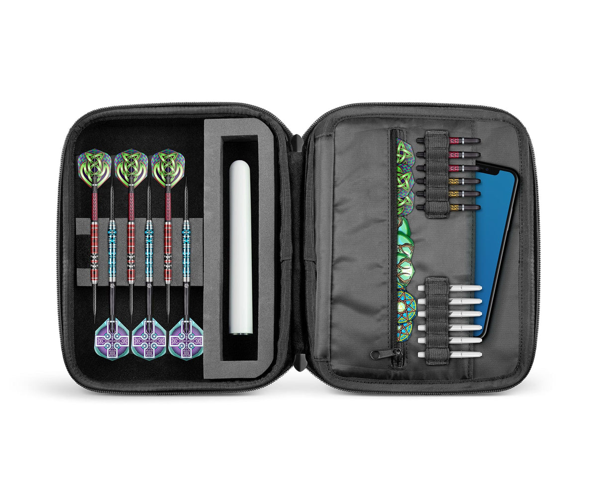 Top-down view of open dart case with 6 assembled darts, flights, shafts, and accessories neatly arranged in foam slots
