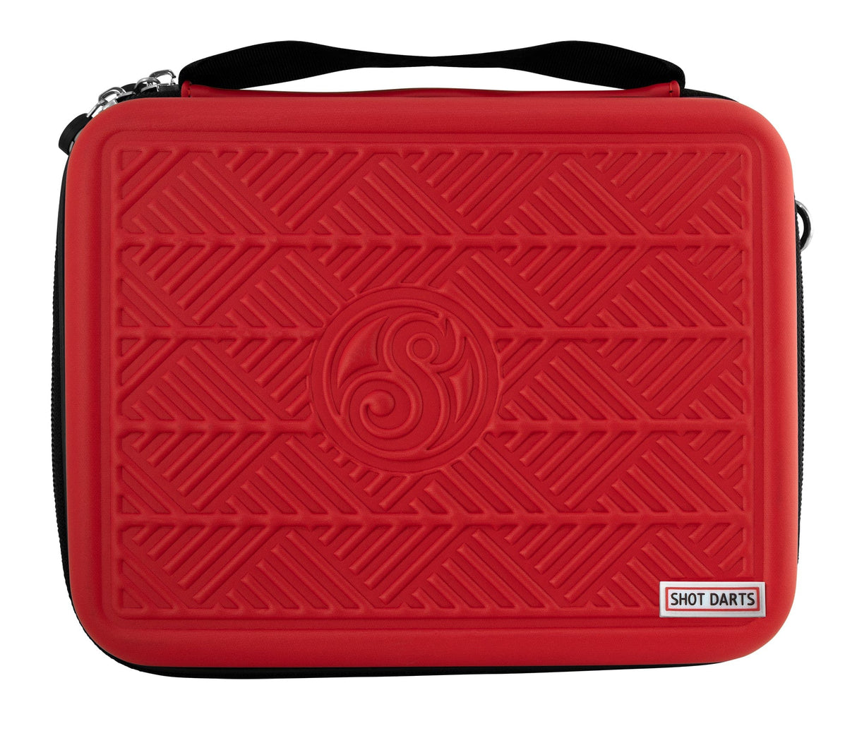 Red hard-shell dart case with textured geometric design and carry handle, full front view on white background for dart storage