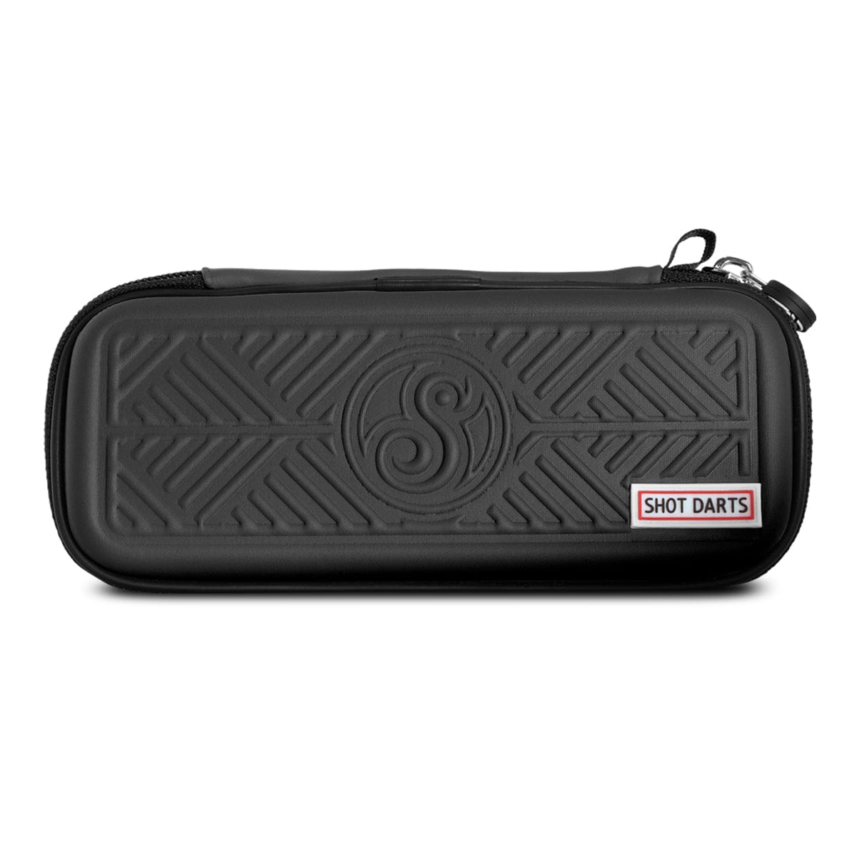 Slim black darts case with embossed pattern, zip closure, and compact protective design on white background